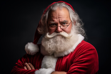 Portrait of serious Santa Claus in eyeglasses looking at camera. Generative AI
