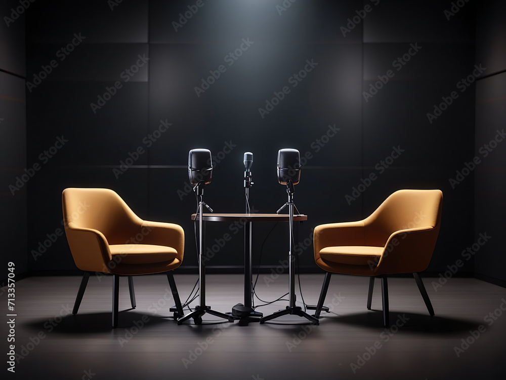 Poster two chairs and microphones in podcast or interview room isolated on dark background designs as a wid