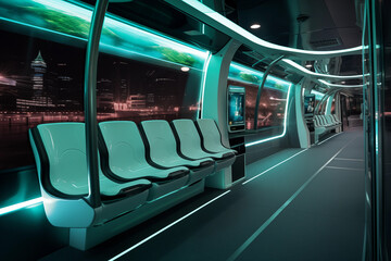 Futuristic train interior with empty passenger seats. Generative AI