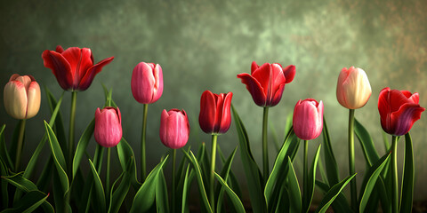 Red tulips illuminated by the sun, a row of colorful tulips

