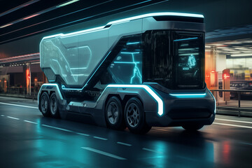 Self-driving futuristic bus for passenger transportation over night city. Generative AI