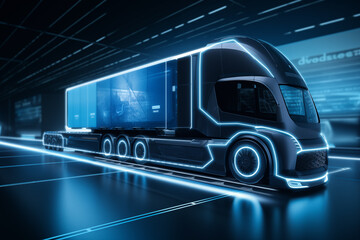Modern futuristic lorry truck on dark. Generative AI