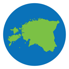 Estonia map. Map of Estonia in green color in globe design with blue circle color.