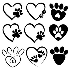 Black and white silhouette of a cat or dog paw print with heart shape isolated. paw print sign and symbol - Stock vector illustration - obrazy, fototapety, plakaty