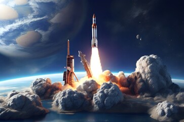 A rocket successful launching into space on a background of blue planet. 3d render