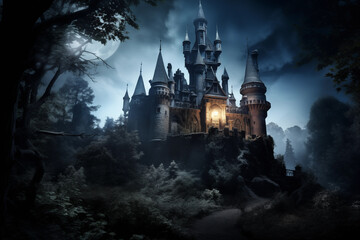 Fantasy fairytale castle on hill over majestic night landscape. Generative AI