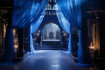 Spooky castle hall interior with stairs under moon light. Generative AI
