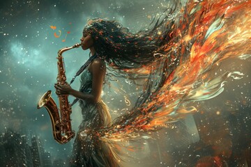 Beautiful young woman playing the saxophone in a fantasy space.