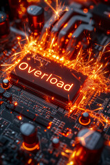 an overloaded, overheating electronic circuit board covered in sparks with a warning saying Overload in bright letters. critical failure.  - obrazy, fototapety, plakaty