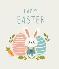 Bunny and Eggs With Carrots, A Whimsical Easter Arrangement for Delightful Celebrations. Vector Illustration.