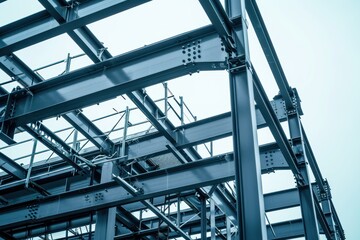 closeup of a large steel structure surrounded by the construction area, sky light blue 