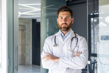 Portrait of a self-confident male doctor standing in a hospital room in a white coat, crossing his arms on his chest and seriously looking at the camera - obrazy, fototapety, plakaty