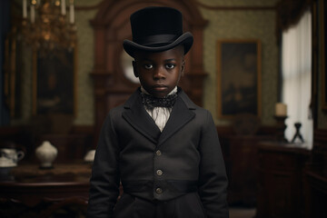 Black skin noble boy child wearing aristocratic clothing. Generative AI