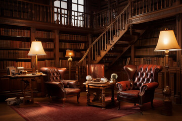 Luxury interior of vintage home library. Generative AI