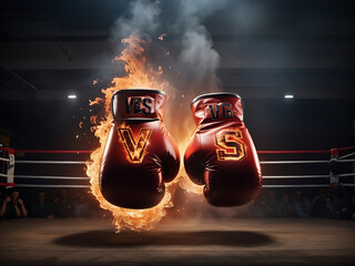 wide poster of hot fighting boxing gloves with the VS letters for versus in the middle on fire design.