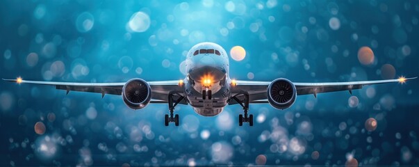 Airplane in the blue sky with bokeh. 3D rendering