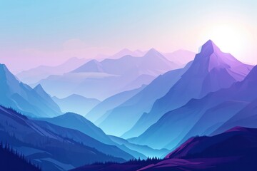 minimal blue lilac mountains flat illustration air perspective early morning or dusk aerial view - obrazy, fototapety, plakaty