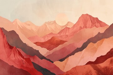 minimal beige pastel peach, brown color palette  mountains flat illustration air perspective sunset...