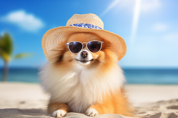 Cute relaxed dog in summer hat, sunglasses sunbathing on beach. Generative AI