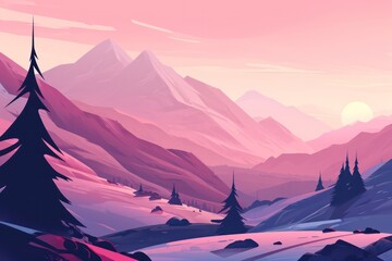 minimal blue lilac mountains with snow peaks flat illustration air perspective early morning or dusk aerial view