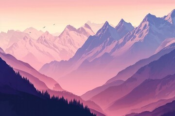minimal blue lilac mountains with snow peaks flat illustration air perspective early morning or dusk aerial view