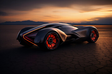 Futuristic electric sport car over dramatic sky of desert. Generative AI