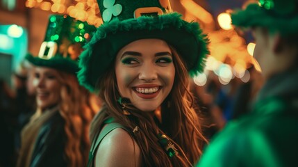 Woman dressed up like Leprechauns celebrating Saint Patrick's day - obrazy, fototapety, plakaty