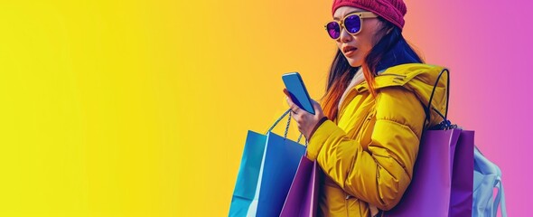 A trendy shopper in sunglasses uses a smartphone while holding colorful shopping bags, against a vibrant purple backdrop, embodying modern consumerism and connectivity. Ai generated
 - obrazy, fototapety, plakaty