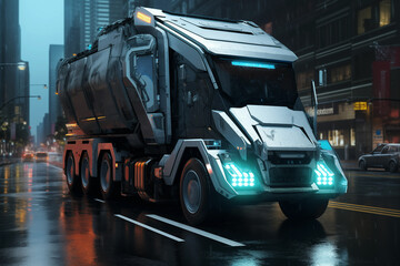 Futuristic truck suv driving city street. Generative AI