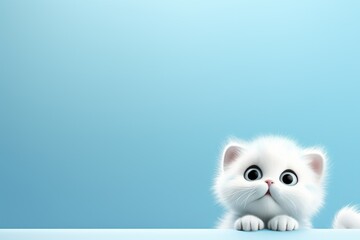Cute white fluffy cat hiding on bright blue background. Cartoon happy pet character for banner with copy space. Funny face head of cute kawaii animal