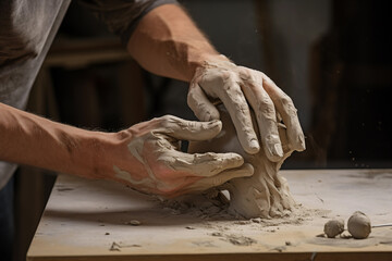 Closeup male potter hands kneading clay on table. Generative AI