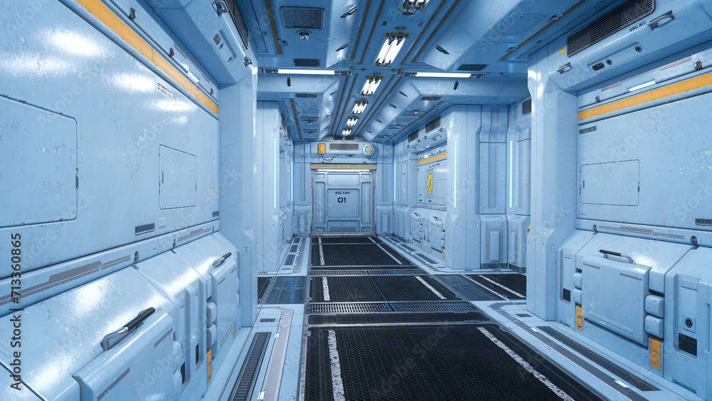 Poster corridor inside a futuristic science fiction industrial building with light blue metallic walls. 3d 