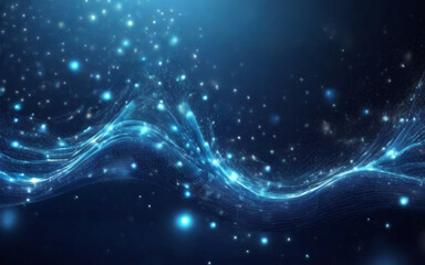 Fototapeta na wymiar Onda di particelle azzurre digitali e sfondo astratto di energia con stelle e puntini brillanti