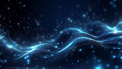 Onda di particelle azzurre digitali e sfondo astratto di energia con stelle e puntini brillanti