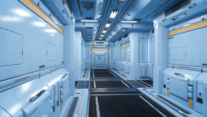 Corridor inside a futuristic science fiction industrial building with light blue metallic walls. 3D rendering.. © IG Digital Arts