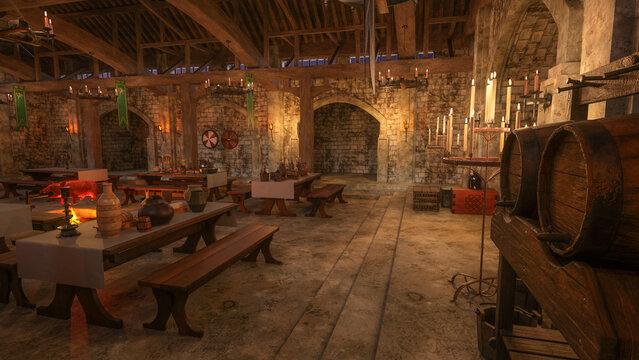 Medieval banquet hall lit by candles and torches at night. 3D illustration.