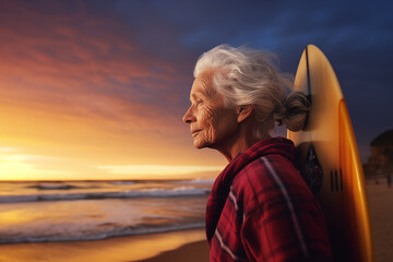 Fototapeta premium Portrait of excited smiling elderly woman surfer. Generative AI