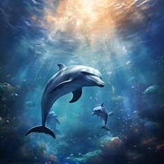 Obraz na płótnie Canvas Delfine beim schwimmen unter Wasser im Riff mit anderen Fischen