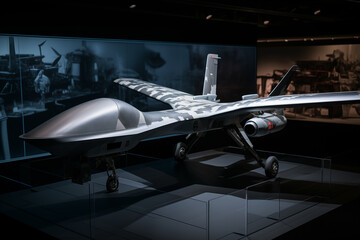 Military drone museum exhibit, war historical heritage. Generative AI