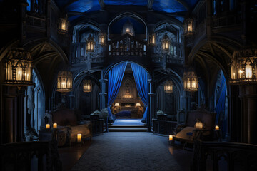 Obraz premium Mystery haunted castle interior at creepy spooky night. Generative AI