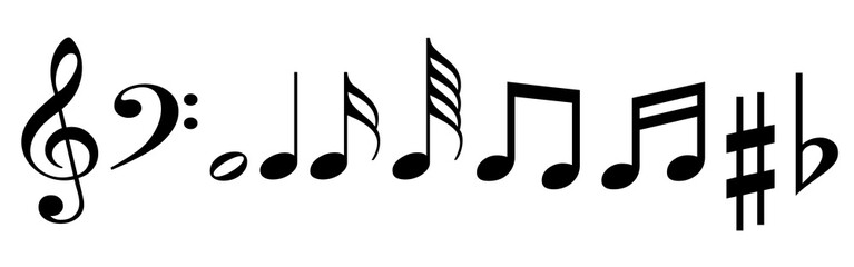 A simple set of isolated musical icons symbols: treble clef, bass clef, various kinds of notes, sharp, flat. Black and bold.
