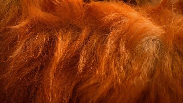 Closeup of an orangutans fur matted and dirty from the pollution and chemicals used in palm oil production. The once vibrant orange fur is now dull and lifeless reflectin