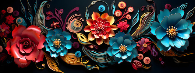 background with flowers, impressive wallpaper with flowers on a black background, colorful curves, paper sculptures, light crimson and azure