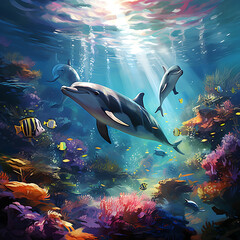 Obraz na płótnie Canvas Delfine beim schwimmen unter Wasser im Riff mit anderen Fischen
