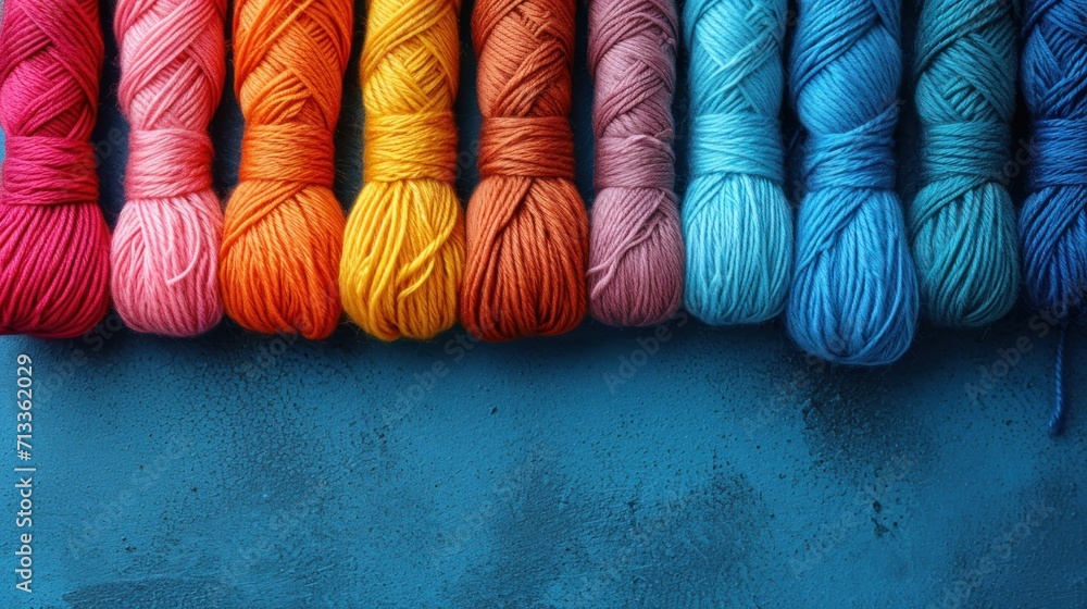 Poster a row of multicolored skeins of yarn lined up on a blue surface with one skein of skeins in the fore