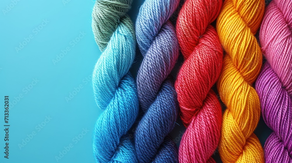 Poster a group of multicolored skeins of yarn on a blue background with space for text or image.