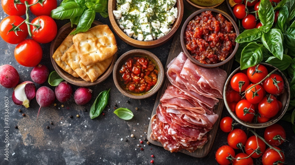 Poster a table topped with lots of different types of meats and veggies next to bowls of sauces.