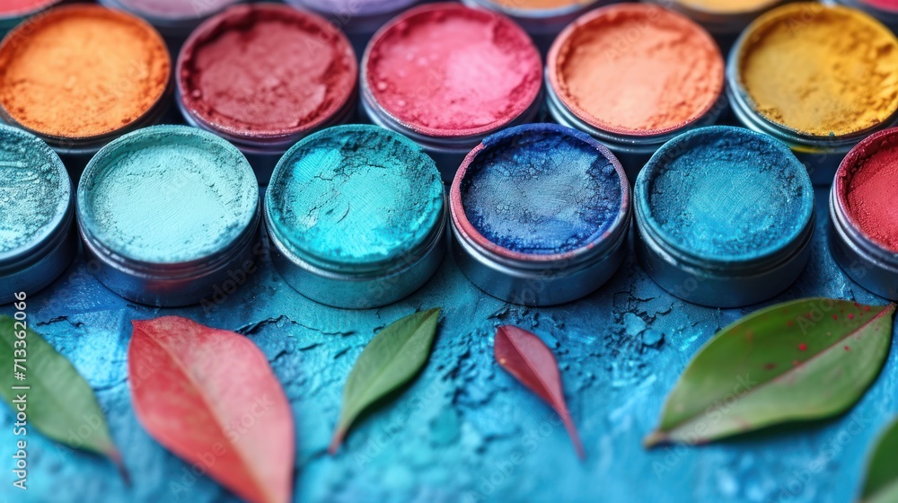 Poster a close up of many different colored powders on a blue surface with a green leaf on the side of the 