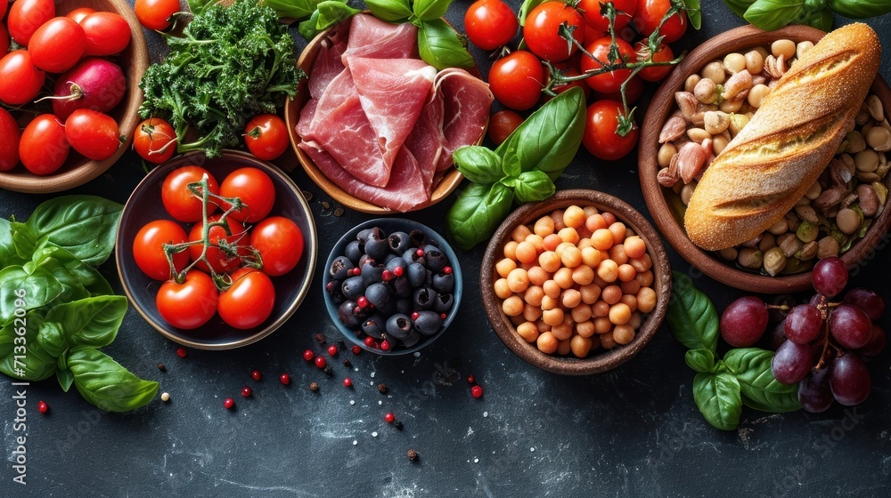 Poster a table topped with bowls filled with different types of meats and veggies next to bread, tomatoes, 