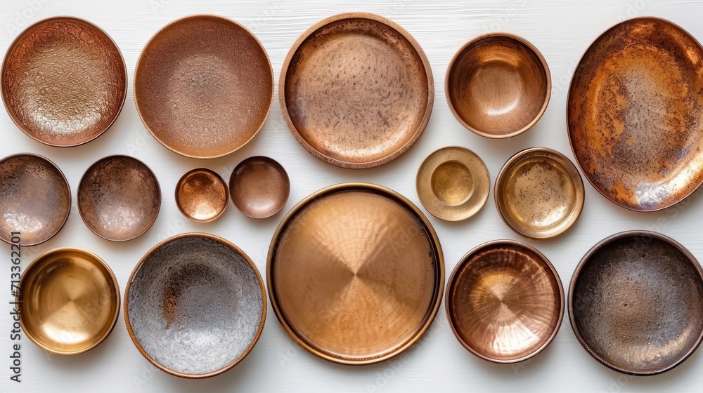 Poster a table topped with lots of different types of bowls and spoons on top of a white counter top next t